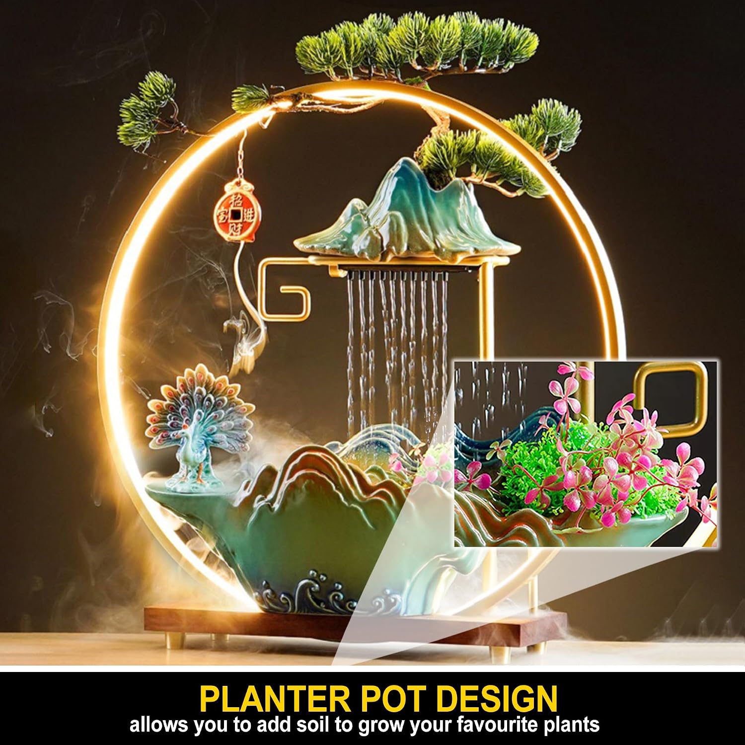 Tabletop Water Fountains Indoor Waterfall Desktop Fountain for Meditation with Mist Japanese Fountain with Fake Plants Feng Shui Office Home Decor for Good Luck Wealth (Peacock)