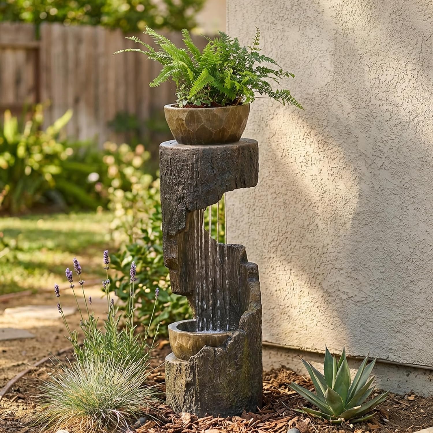 Outdoor Fountain Garden - Patio Waterfall Fountain with Lights, Rustic Wood-Style Cascading Waterfall with Planter Bird Feeder, Resin Water Feature for Deck, Patio, Backyard or Porch, 33.9' H