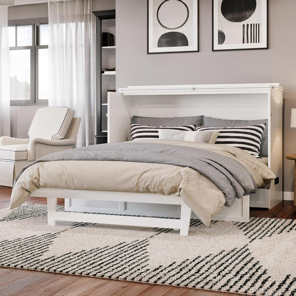 AFI Northfield Queen Size Murphy Bed Chest with Mattress, Storage, & Built-in Charger in White