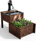 Outdoor Water Fountain，Floor Wooden Rectangular Double-Layer Old-Fashioned Pump Fountain with Flower Box，Plug-in Electric Decorative Hand Pump,Outdoor Water Feature for Garden Patio Backyard
