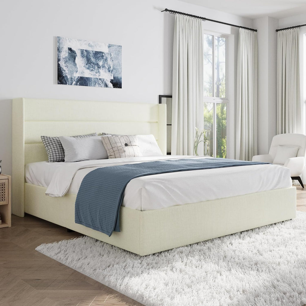 SHA CERLIN King Size Lift Up Storage Bed/Chenille Fabric Upholstered/Modern Wingback Headboard/Platform Bed Frame/Hydraulic Storage/No Box Spring Needed/Wood Slats Support/Cream
