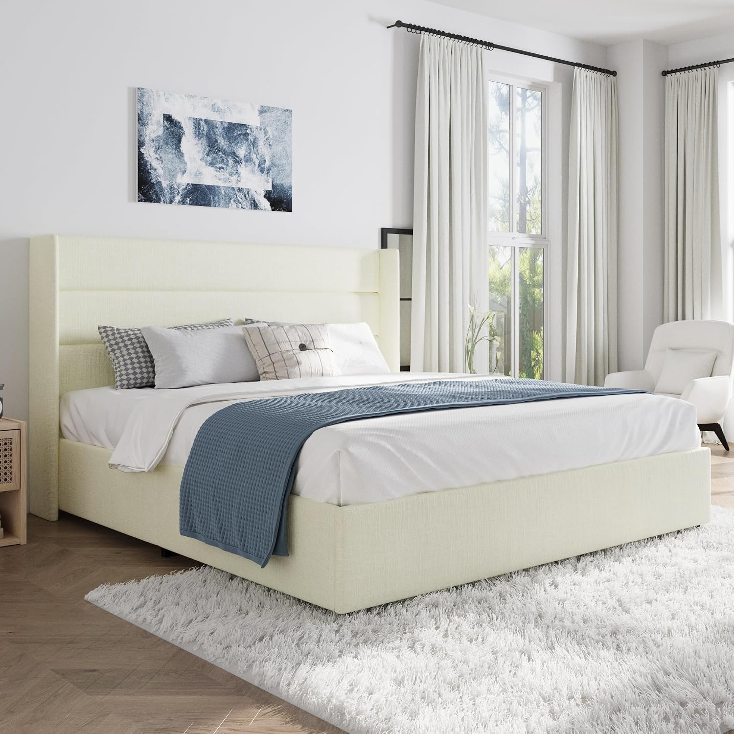 SHA CERLIN King Size Lift Up Storage Bed/Chenille Fabric Upholstered/Modern Wingback Headboard/Platform Bed Frame/Hydraulic Storage/No Box Spring Needed/Wood Slats Support/Cream