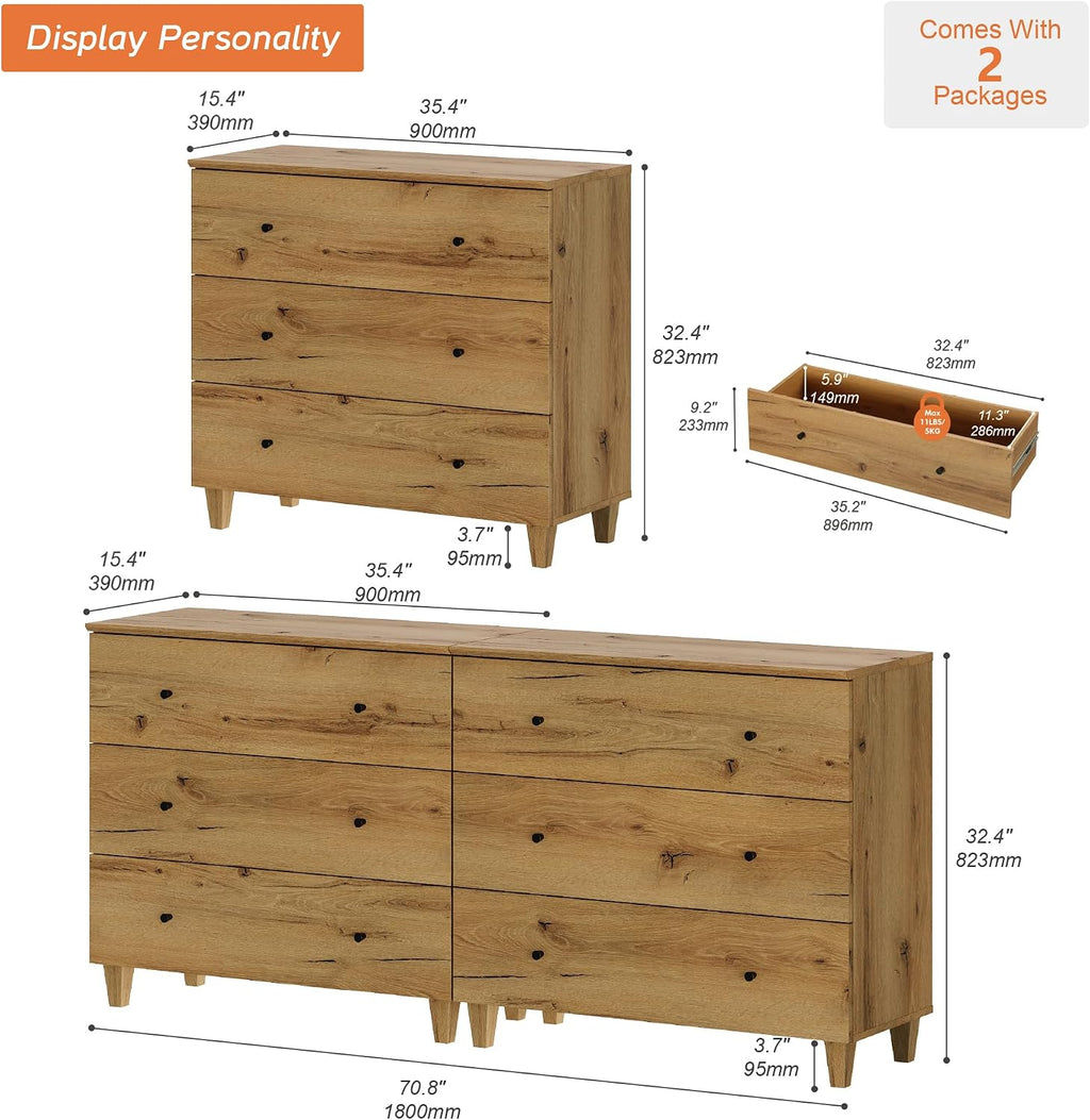 WAMPAT 3-Piece Bedroom Set - Modern Farmhouse Dresser & Nightstands with Charging Station, 6-Drawer Wood Chest & 2 Bedside Tables, Oak Brown Finish, Anti-Tip Safety Design