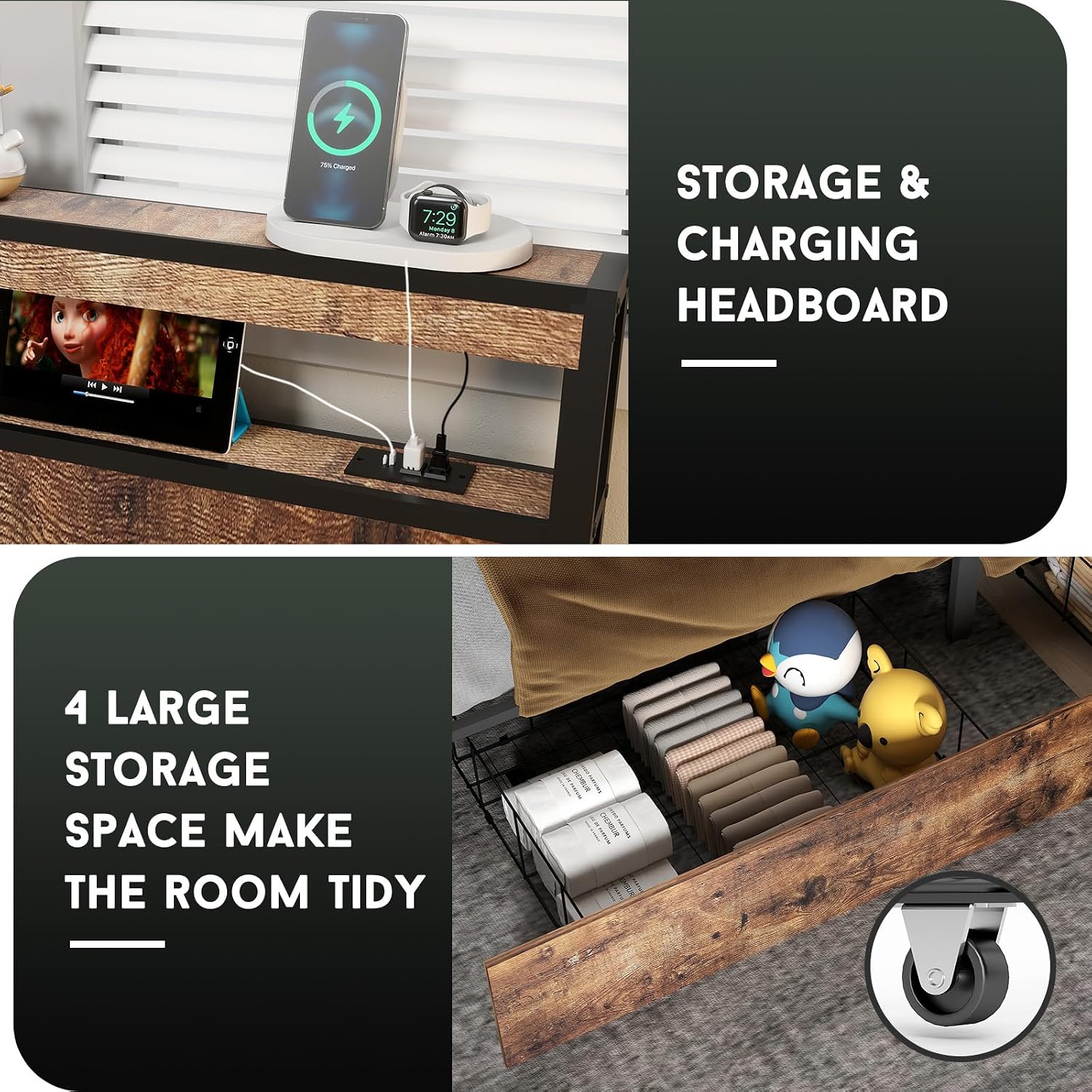 Fabulis King Size Bed Frame with 4 Storage Drawers and Headboard with Charging Station and LED Lights,2 Tier Solid Wood Headboard Storage,Noise Free,Easy Assembly, Vintage Brown