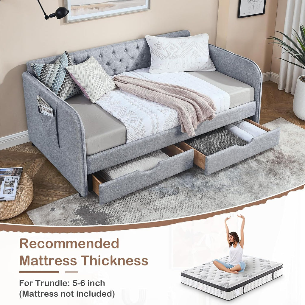 Antetek 80.5' Daybed with Drawer, Modern Button Tufted Linen Day Bed with Trundle Bed Twin to King, Upholstered Daybed Frame w/Storage Pocket for Bedroom, Living Room, No Box Spring Needed, Grey