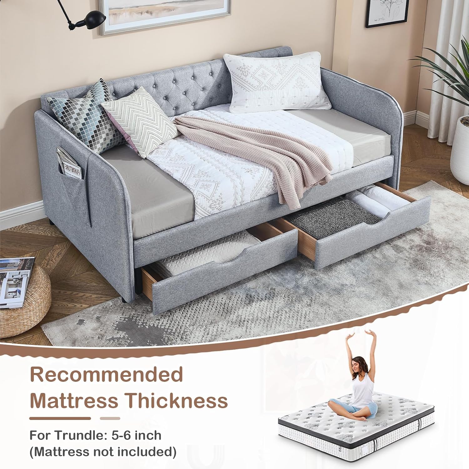 Antetek 80.5' Daybed with Drawer, Modern Button Tufted Linen Day Bed with Trundle Bed Twin to King, Upholstered Daybed Frame w/Storage Pocket for Bedroom, Living Room, No Box Spring Needed, Grey