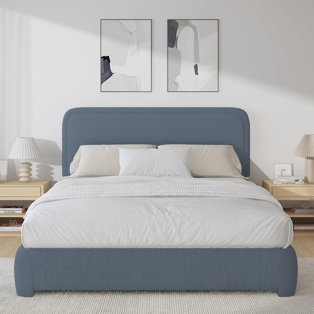 BarnFurin Queen Bed Frame with Headboard, Boucle Upholstered Platform Bed Frame, Luxurious Soft Rounded Corners, No Box Spring Required, Non-Slip and Noise-Free, Easy Assembly, Blue