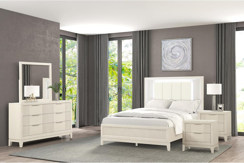Furniture of America Oberlin Transitional Solid Wood 5-Piece Bedroom Set Queen-Size Bed with LED & Padded Fabric Headboard and Vertical Channel Tufting, Box Spring Required, Antique White