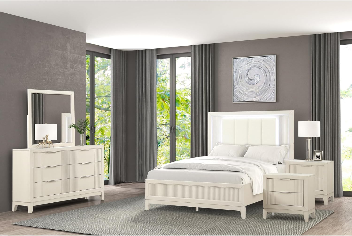 Furniture of America Oberlin Transitional Solid Wood 5-Piece Bedroom Set Queen-Size Bed with LED & Padded Fabric Headboard and Vertical Channel Tufting, Box Spring Required, Antique White