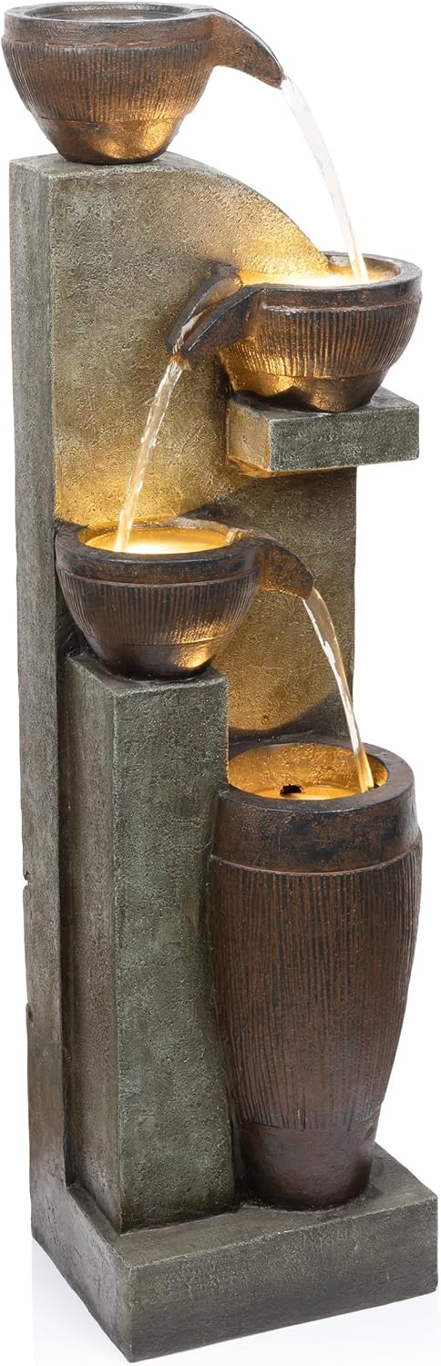 Alpine Corporation 40' Tall Indoor/Outdoor 4-Tier Fountain with LED Lights, Cascading Pot and Bowl Water Feature, Elegant Waterfall for Garden, Patio & Home, Brown