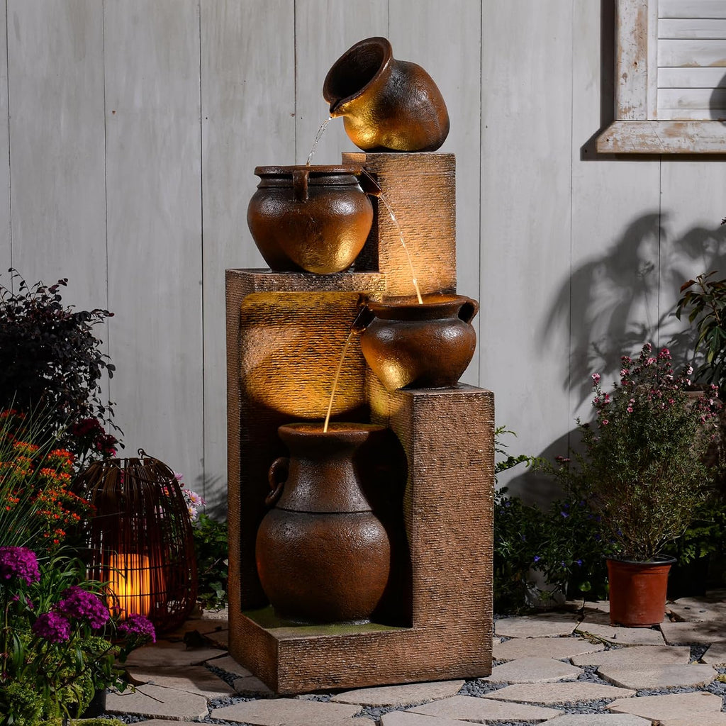 Resin Outdoor Water Fountain 4-Tier Jar Waterfall - Quiet Pump, LED Lights, Rustic Jar Cascading Water Feature for Garden Patio Backyard Decor, 53' H Fountain, Gold