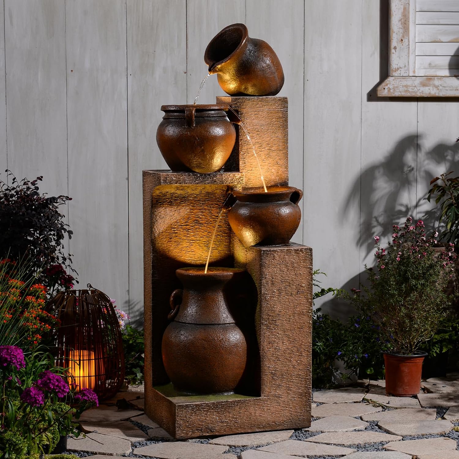 Resin Outdoor Water Fountain 4-Tier Jar Waterfall - Quiet Pump, LED Lights, Rustic Jar Cascading Water Feature for Garden Patio Backyard Decor, 53' H Fountain, Gold
