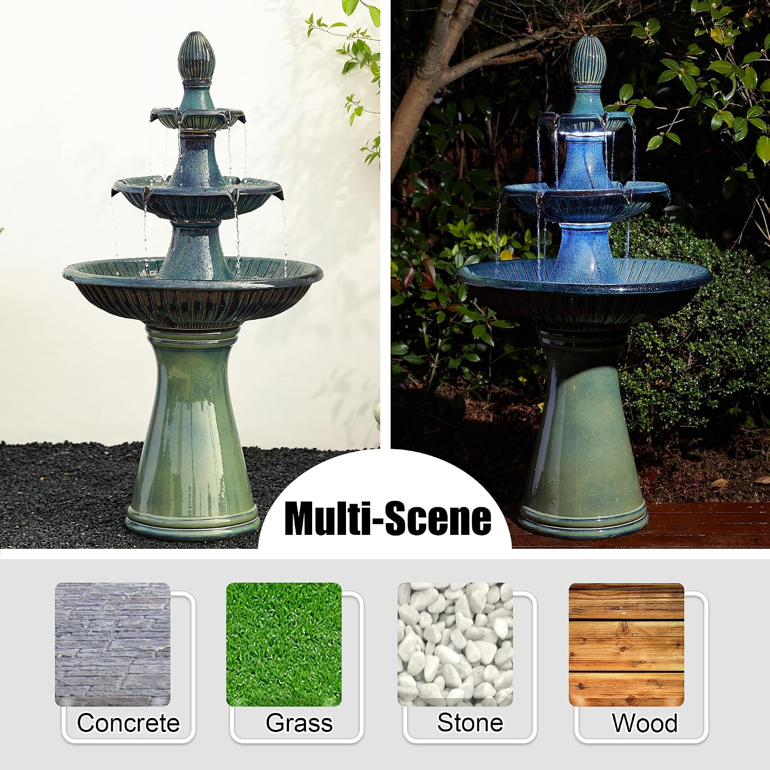 Glitzhome Water Fountain Outdoor Floor-Stand Fountain with LED Light & Pump, Oversized 3 Tier Ceramic Turquoise Waterfall Patio Fountains and Waterfalls Outdoor Yard Fountains for Lawn Garden Backyard