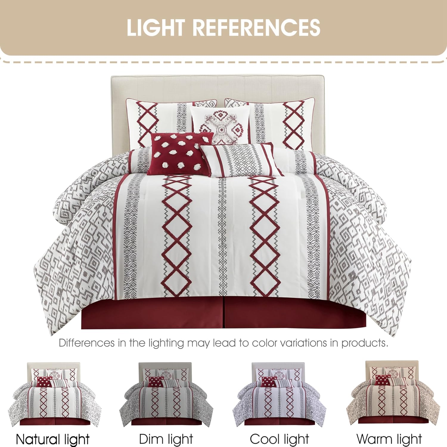 Grand Avenue White Red Comforter Set Queen Size, 7 Piece Terry Embroidery All Season Bedding Set, Bedskirt, Pillows & Shams