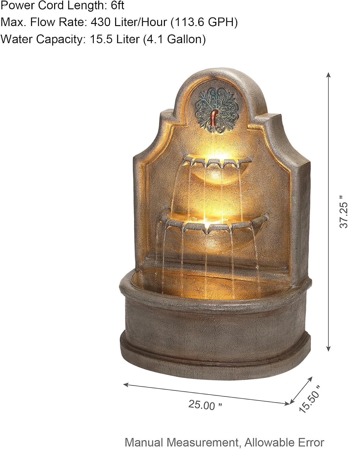 Glitzhome 37.25' H Outdoor Garden Water Fountain with LED Lights and Pump, Oversized Antique European Style 3-Tier Polyresin Cascading Floor-Standing Fountain for Porch Deck Patio Backyard Decoration