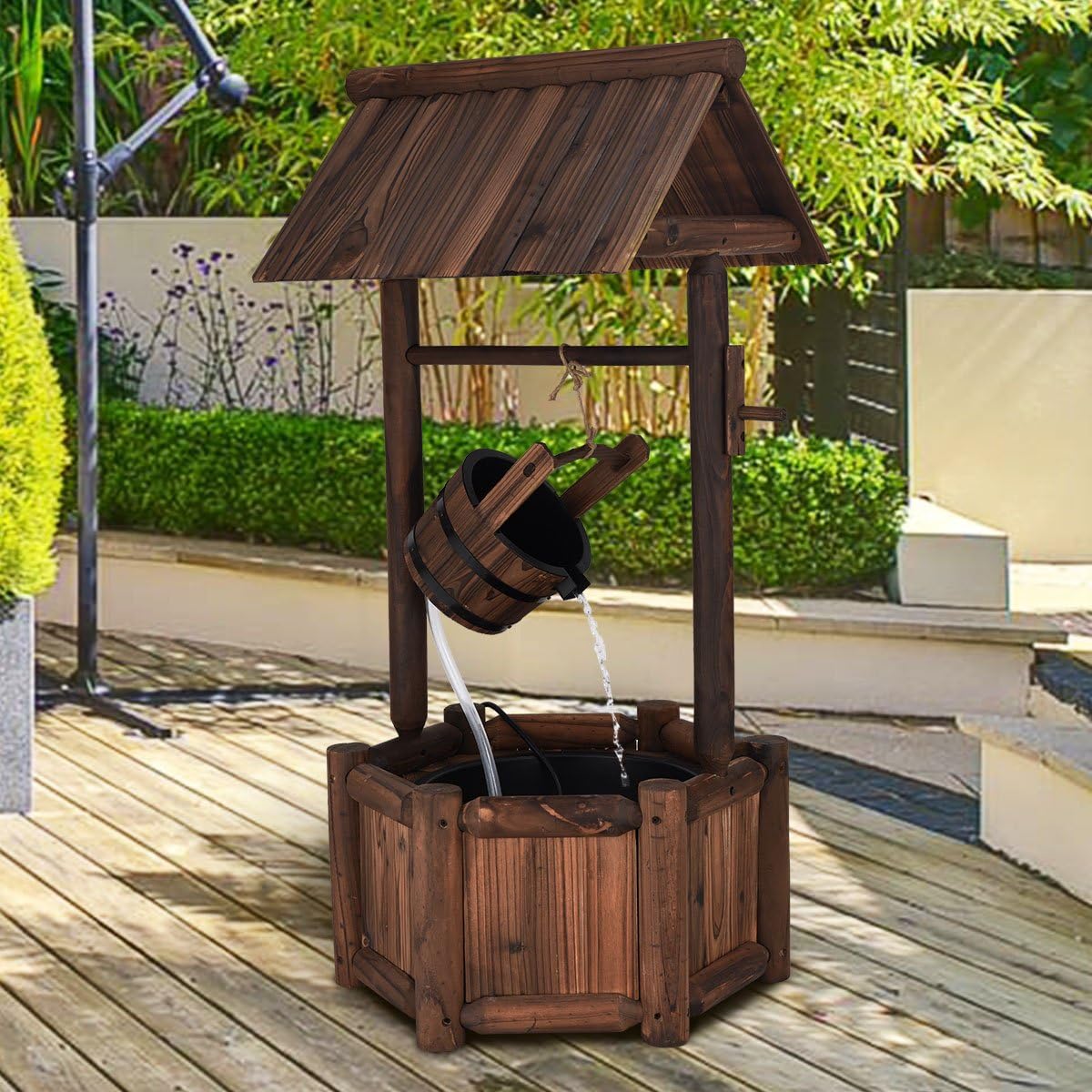 Giantex Wishing Well Water Fountain Outdoor, Rustic Wooden Waterfall Fountain with Electric Pump, Water Bucket, Freestanding Decorative Wishing Well Water Feature for Backyard Patio Garden Lawn