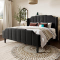 Allewie Vintage Queen Size Velvet Platform Bed Frame with Curved Vertical Tufted Wingback Headboard and Footboard, Charging Station, Easy Assembly, Under Bed Storage, No Box Spring Required, Black