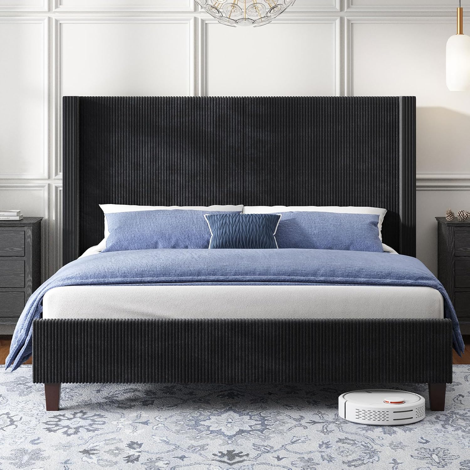 HOWE Queen Size Bed Frame with 50.8' Tall Wingback Headboard, Modern Corduroy Upholstered Platform Bed Frame with Solid Wood Slats & Legs, No Box Spring Needed, Noise-Reducing Design, Black