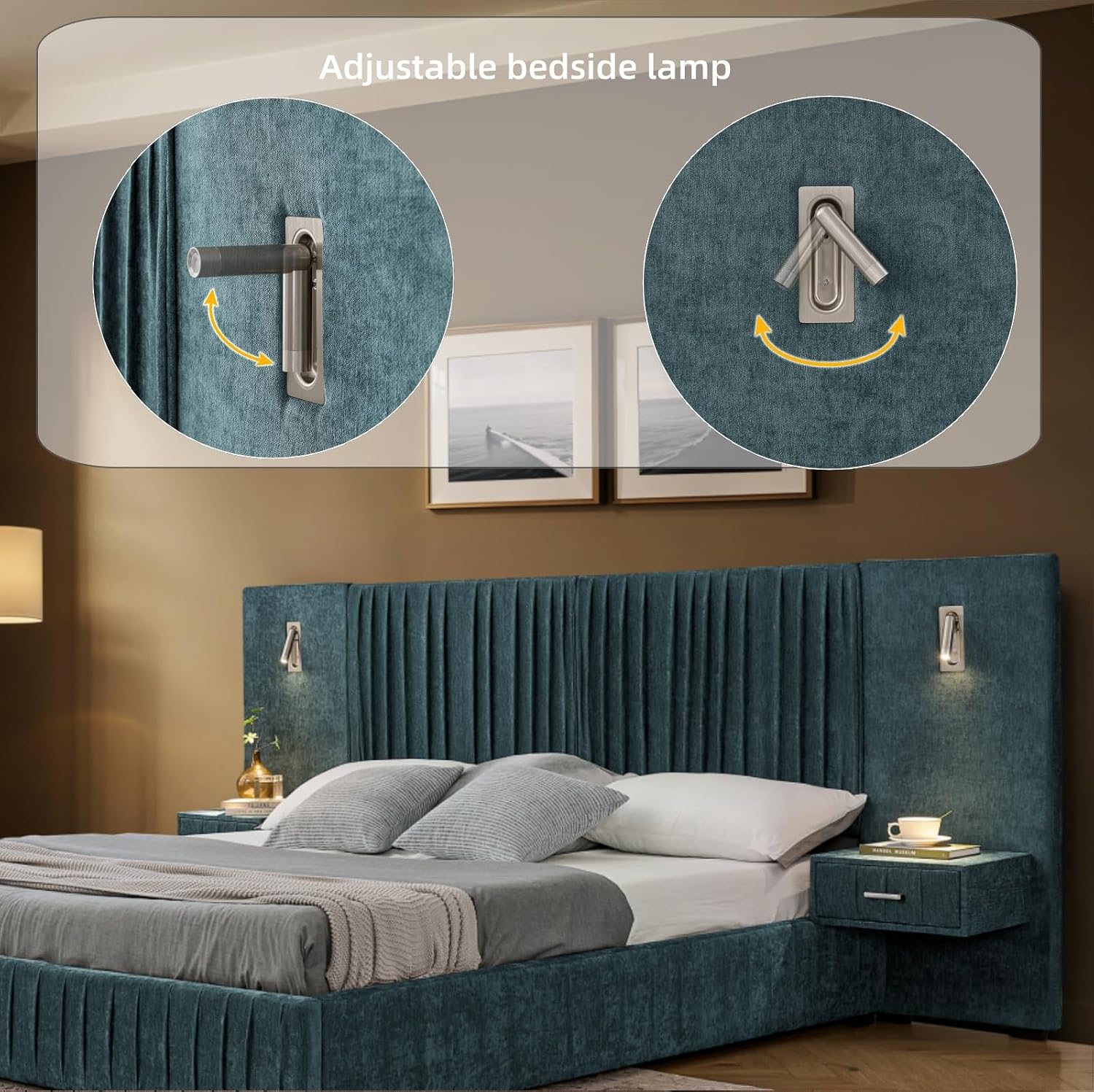 KEIKI Queen Size Chenille Bed Frame with 2 Nightstands, Lamps & Oversize Headboard, Solid Wood Frame Platform Night Stand Bedroom Set, Upholstered Floor Grounded Bed, No Box Spring Needed, Blue Green