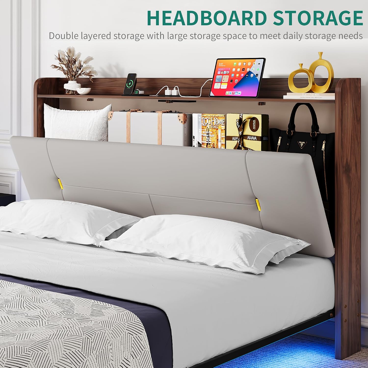 YITAHOME Queen Size Floating Bed Frame with Charging Station, Led Bed Frame with Hidden Storage Headboard, PU Upholstered Platform Bed, Heavy Duty Metal Slats, No Box Spring Needed, Light Grey
