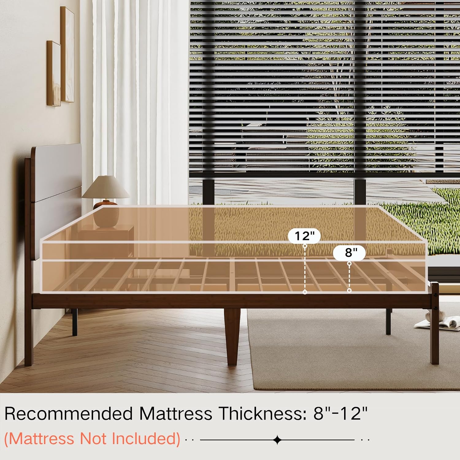 14 Inch High Solid Bamboo Wood Twin Bed Frames with Headboard, Heavy Duty Metal Slat Support, Easy Assembly, No Box Spring Needed