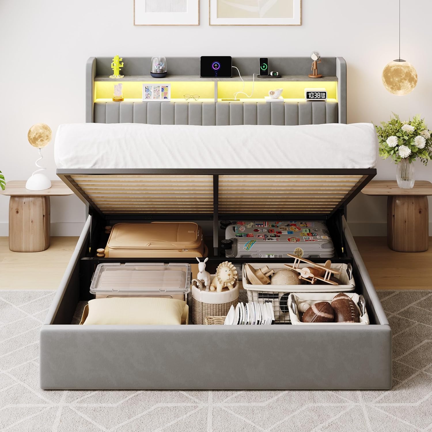 SHA CERLIN Queen Size Lift Up Storage Bed Frame/LED Lights/Charging Station/2-Tier Shelves Headboard/USB,Type-C Ports/Velvet Upholstered/Hydraulic Support/No Box Spring Needed/Noise Free/Gray