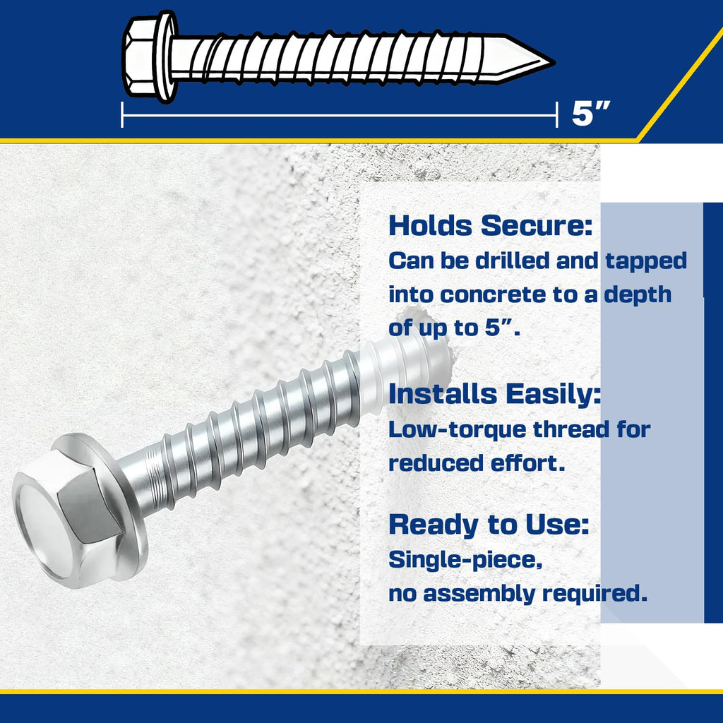 50 Pack 5/8' x 5' Large Diameter Concrete Screw - Heavy Duty Concrete Anchors, Masonry Screws for Brick, Block, Wood & Framing - Zinc Plated Hex Screws