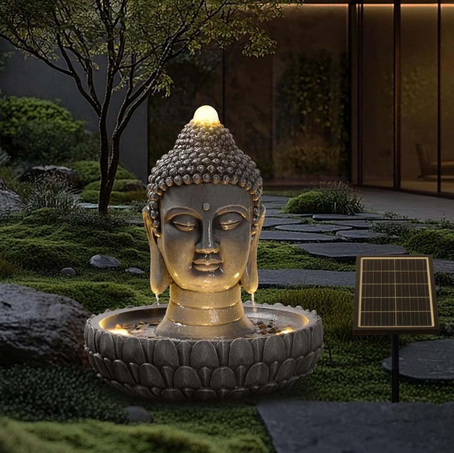 Solar Powered Buddha Statue Water Fountain Outdoor, Zen Waterfall Fountain with LED Lights, Peaceful Relaxing Water Feature Landscape Decor for Garden, Patio, Yard