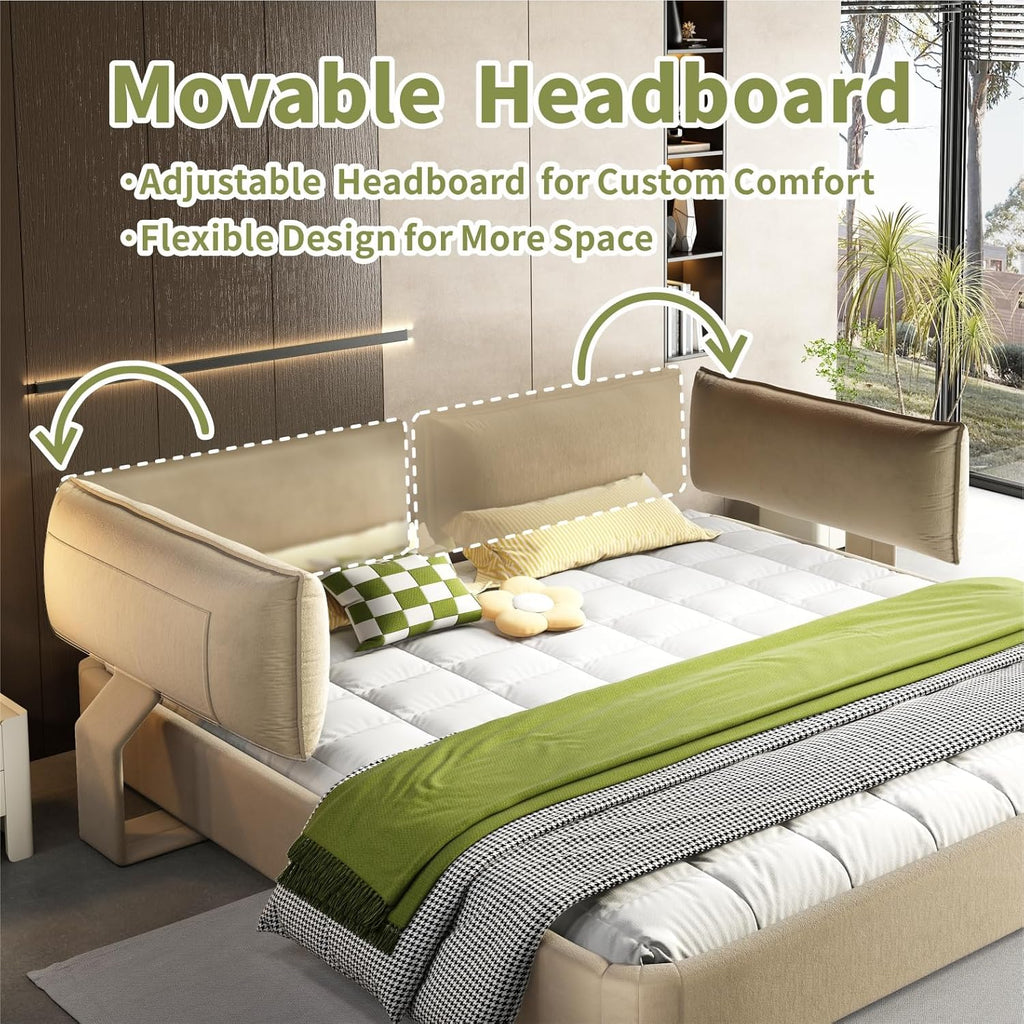 JIVOIT King Size Upholstered Platform Bed, Chenille Cloud Bed Frame with Oversized Padded Movable Headboard, Round Corner, Metal + Solid Wooden Slat Double Support, No Box Spring Needed (Camel-65)