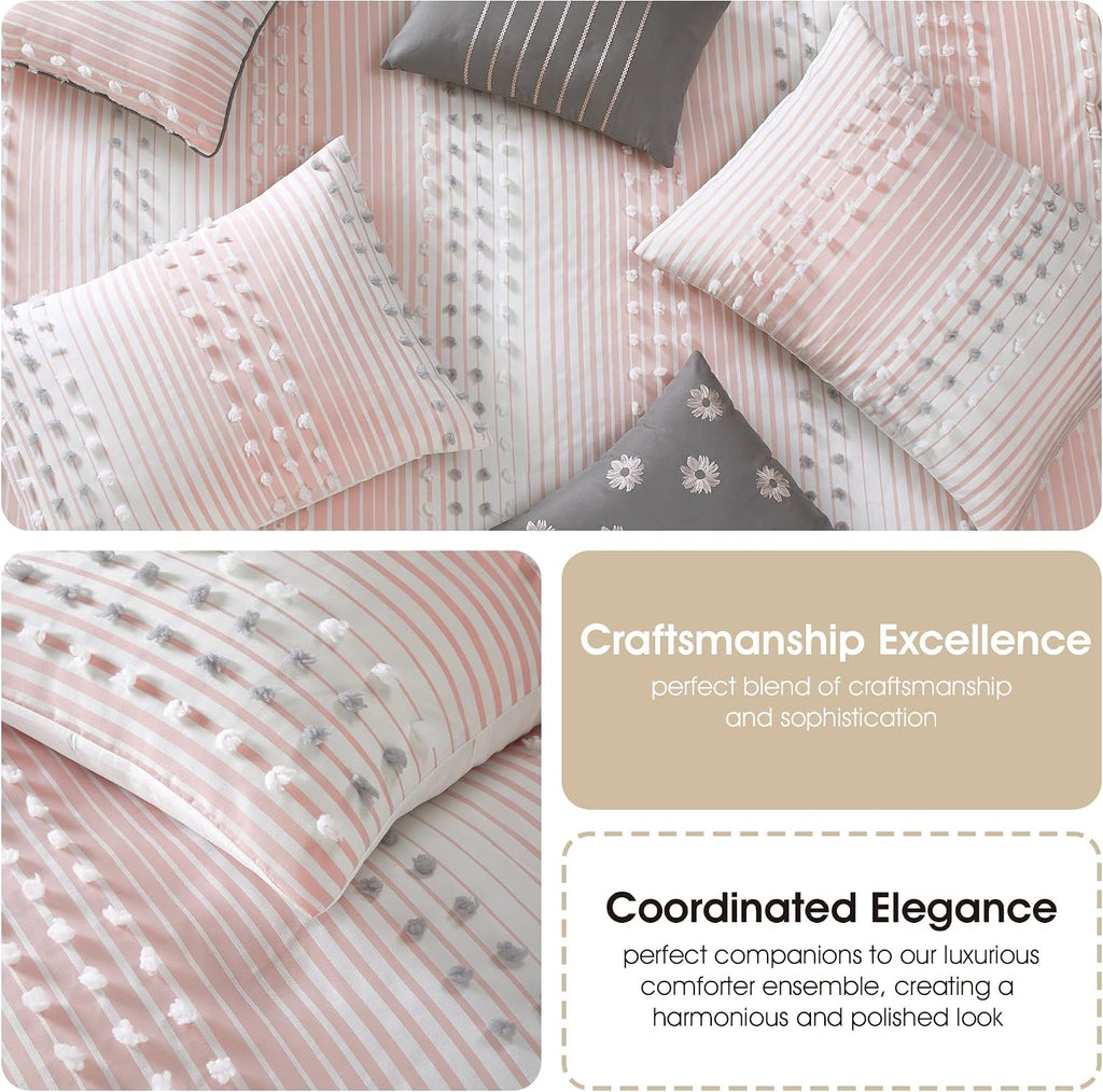 Grand Avenue Pink Striped Dots Cal King Comforter Set, 7 Piece, Jaquard & Clip Bedding Comforters & Sets, Bedskirt, Pillows & Shams, All Season Bedding Set