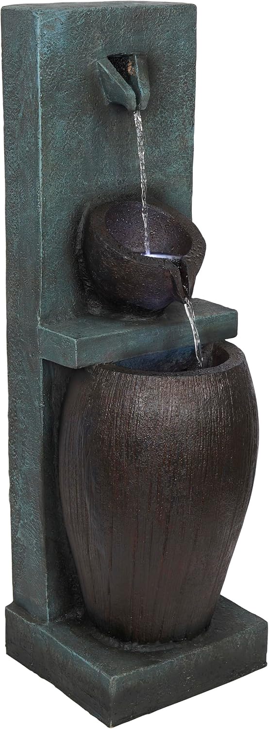 Alpine Corporation TZL388 32' 3 Tier Jar Fountain with LED Lights, Elegant Outdoor Water Feature for Garden, Patio, Backyard, Home Décor, Ceramic Water Fountain & Landscape Decorations, Gray