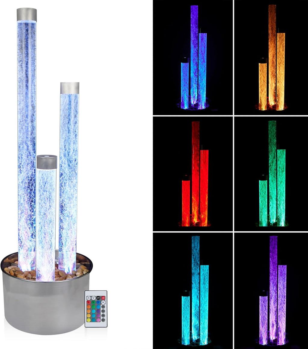 Alpine Corporation 54' Tall 3 Tier Indoor and Outdoor Water Acrylic Bubble Fountain for Home, Office, and Patio Decor, with Remote and 16 Color LED Lights, Silver Base