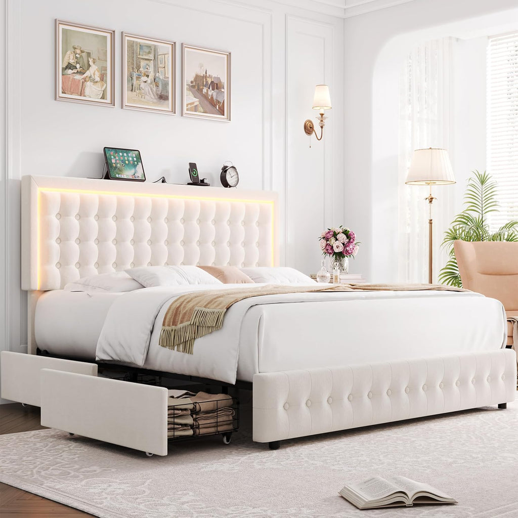 HIFIT Upholstered LED Bed Frame Queen Size with Charging Station and 4 Storage Drawers, Velvet Button Tufted Queen Platform Bed with Adjustable Headboard, No Box Spring Needed, Easy Assembly, Beige