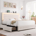 HIFIT Upholstered LED Bed Frame Queen Size with Charging Station and 4 Storage Drawers, Velvet Button Tufted Queen Platform Bed with Adjustable Headboard, No Box Spring Needed, Easy Assembly, Beige
