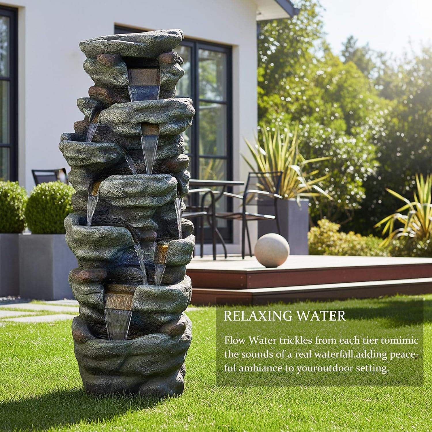 SunJet 51' High Multi-Tiers Cascading Rock Outdoor Water Fountain with LED Lights - Large Outdoor Fountains and Waterfalls for Garden or Patio, Yard, and Deck Decor, Featuring Natural Stone Look