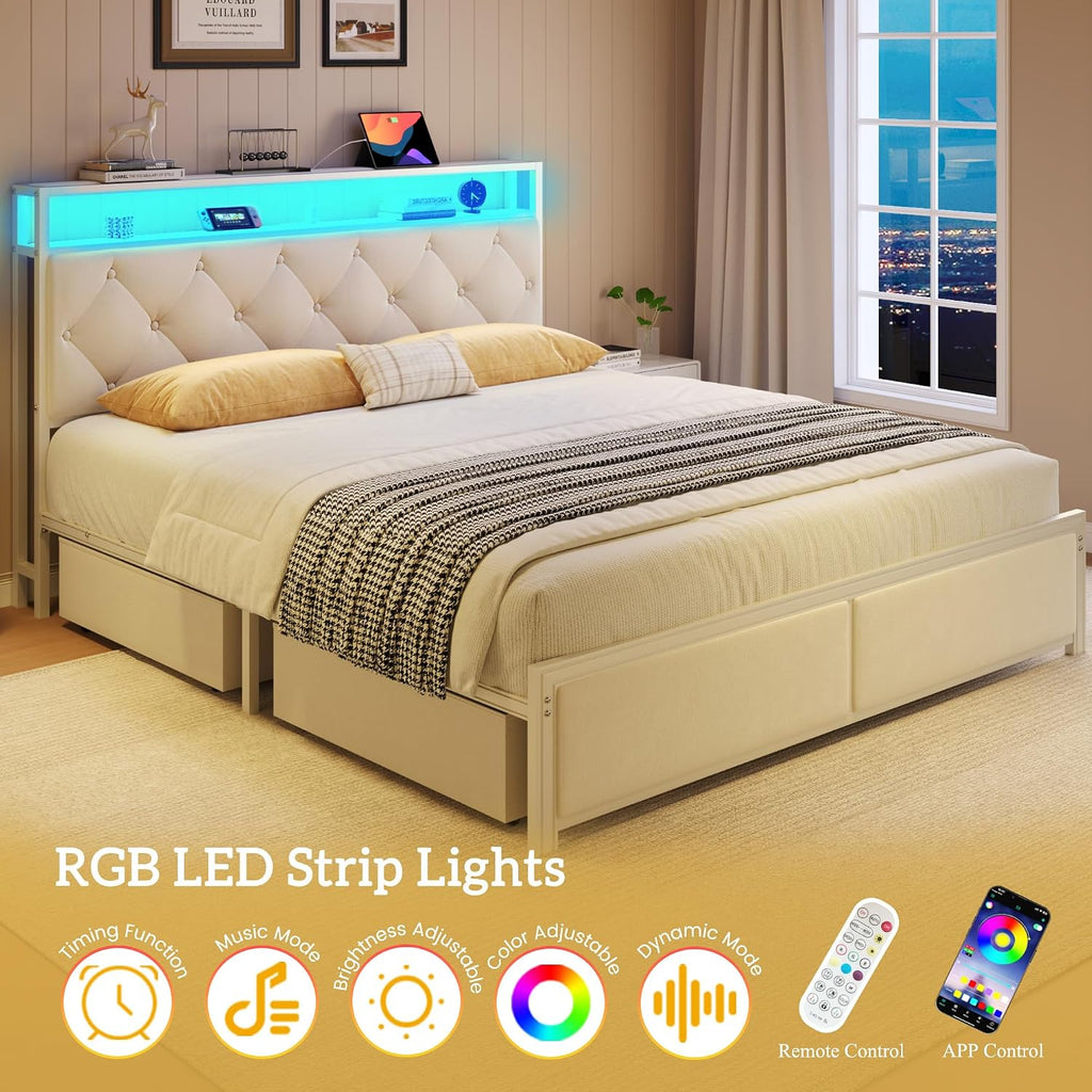 Fluest Queen Bed Frame with Headboard, Storage Drawers, Fast Charging Station, Led Lights, Bed Frame Queen Size with Fabric Drawers, Metal Structure, No Box Spring Needed, Easy Assembly, Beige