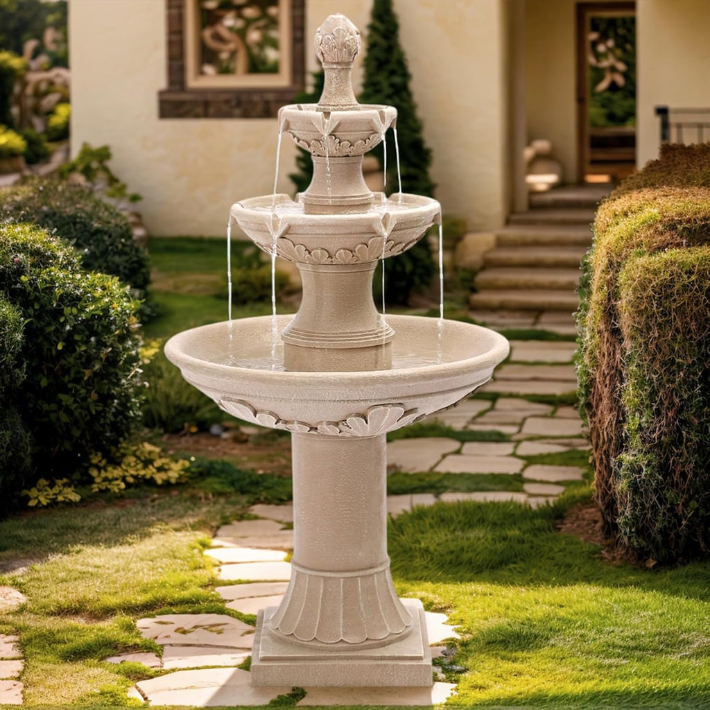 3-Tier Outdoor Water Fountain, 48.4' H Floor Backyard Garden Fountain, Water Feature Indoor with Pump, Outdoor Freestanding Waterfall Fountain, Bernini Fountain for Garden Patio Yard (Beige)