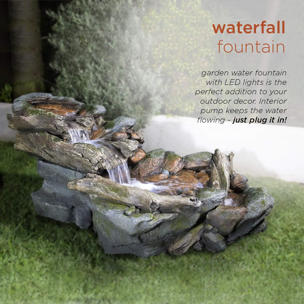 Alpine Corporation | 60'L Outdoor 3-Tier Rainforest Rock River Hand-Painted Water Fountain with LED Lights — Garden, Patio & Yard Décor