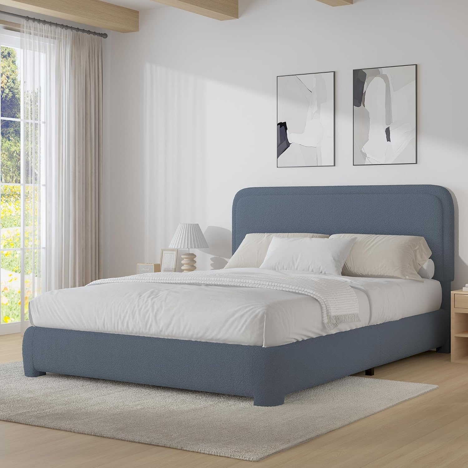 BarnFurin Queen Bed Frame with Headboard, Boucle Upholstered Platform Bed Frame, Luxurious Soft Rounded Corners, No Box Spring Required, Non-Slip and Noise-Free, Easy Assembly, Blue