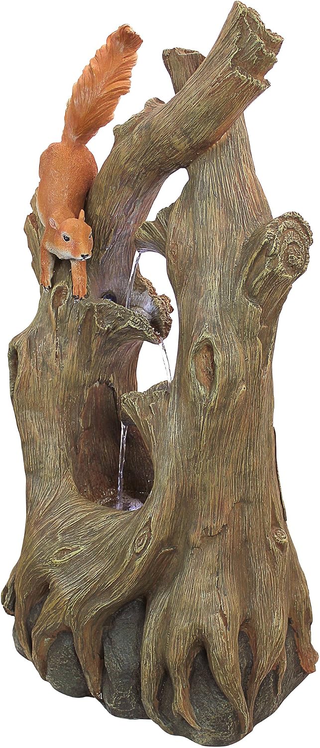 Water Fountain with LED Light - Nearly 3 Foot Tall Tree Squirrel Garden Decor Fountain - Outdoor Water Feature