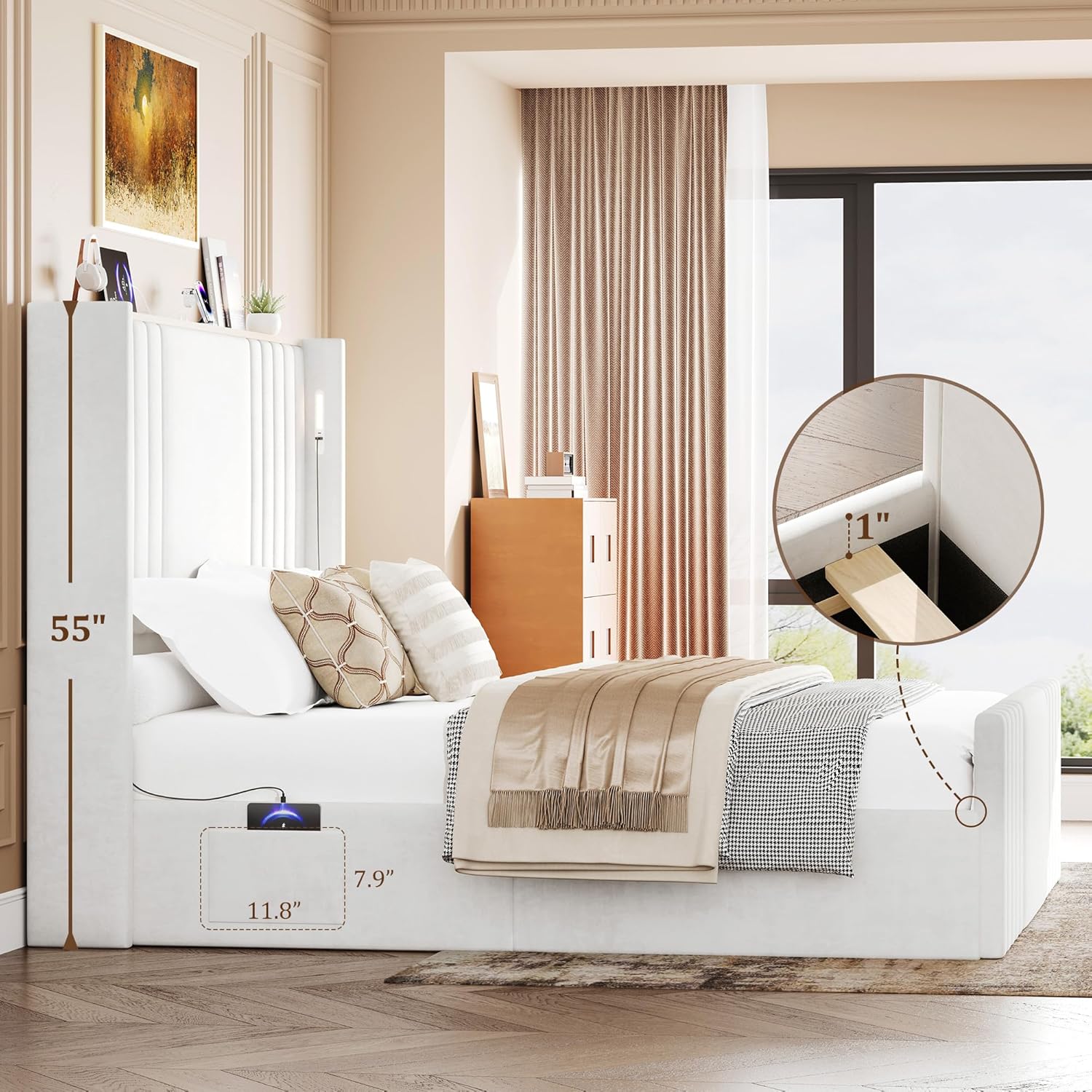Queen Bed Frame with 55.1' Tall Headboard, Velvet Upholstered Platform Bed with Channel Tufted Wingback, 2 Reading Lights/Storage Shelf/Charging Station/Easy Assembly/Noise-Free, Cream