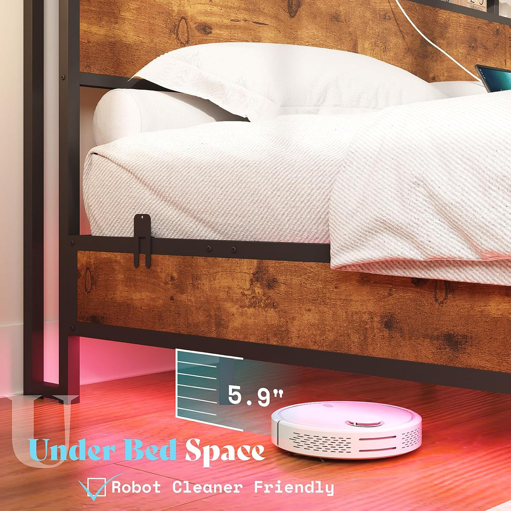 AMERLIFE Queen Size Floating Bed Frame with 2-Tier Storage Headboard, Metal Bed Frame with Charging Station & LED Lights, No Box Spring Needed, Rustic Brown