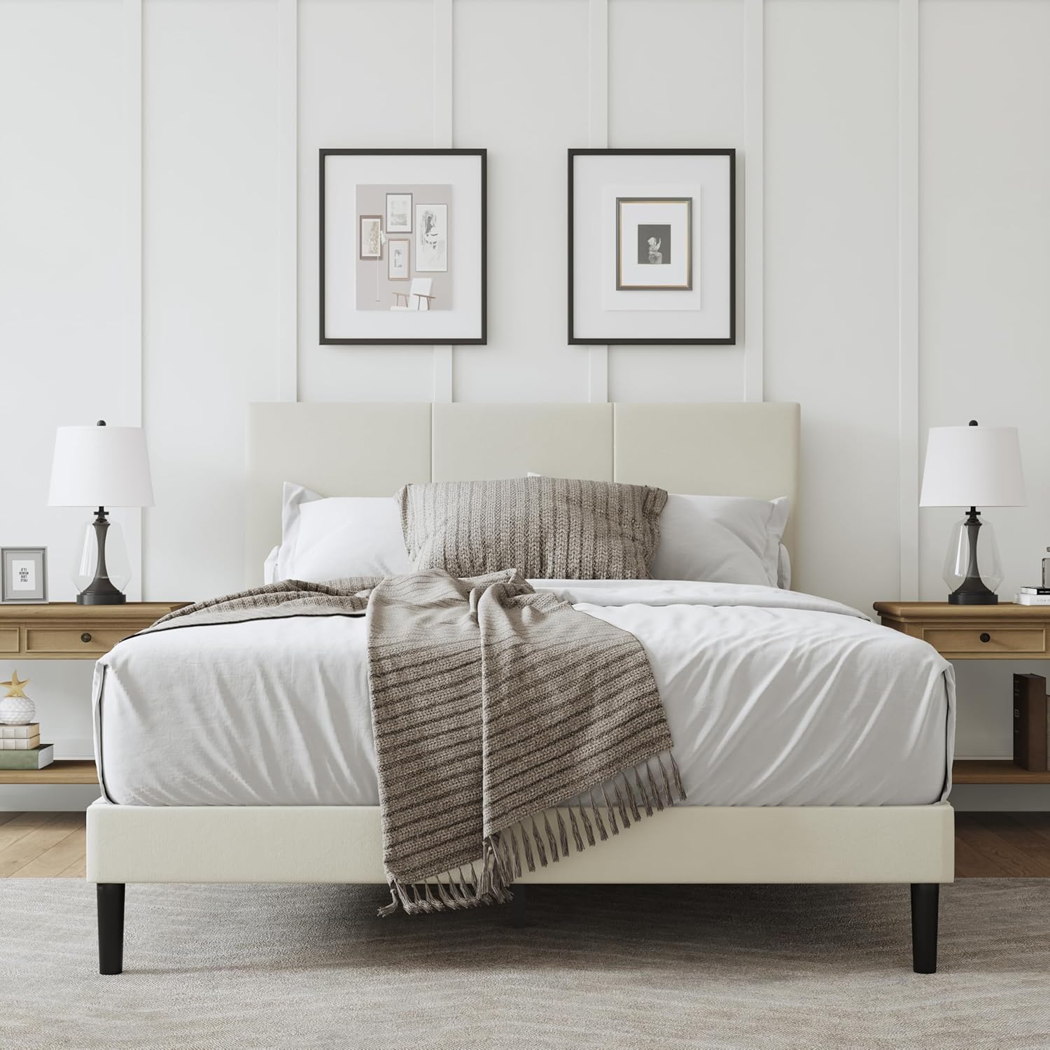 Full Size Bed Frame with Headboard, Velvet Upholstered Platform Bed Frame, Sturdy Slatted Support for Springless Mattresses, Silent Operation, Easy to Assemble, Beige