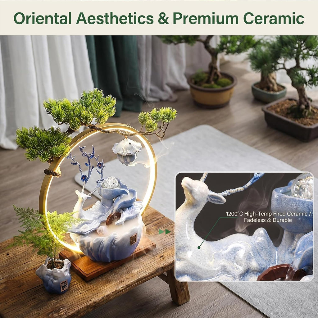 Tabletop Water Fountain, 17.3'Tall Deer Statue Waterfall Fountain with Incense Holder, LED Light & Adjustable Pump, Zen Relaxation Desk Fountains for Office,Living Room or Bedroom