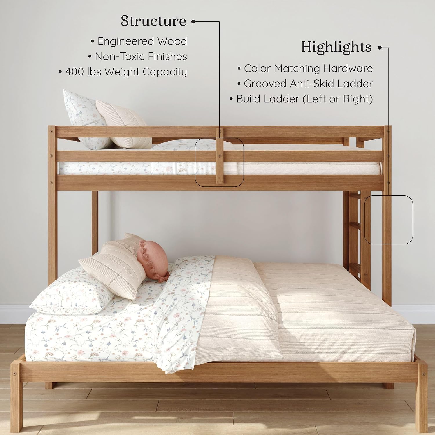Grain & Grove Bear Twin XL Over Queen Bunk Bed, Sturdy Bunk Bed Frame for Kids, Plywood Bunk with Ladder, Guardrail, and Slats, No Box Spring Required, Oak Embossed Pecan
