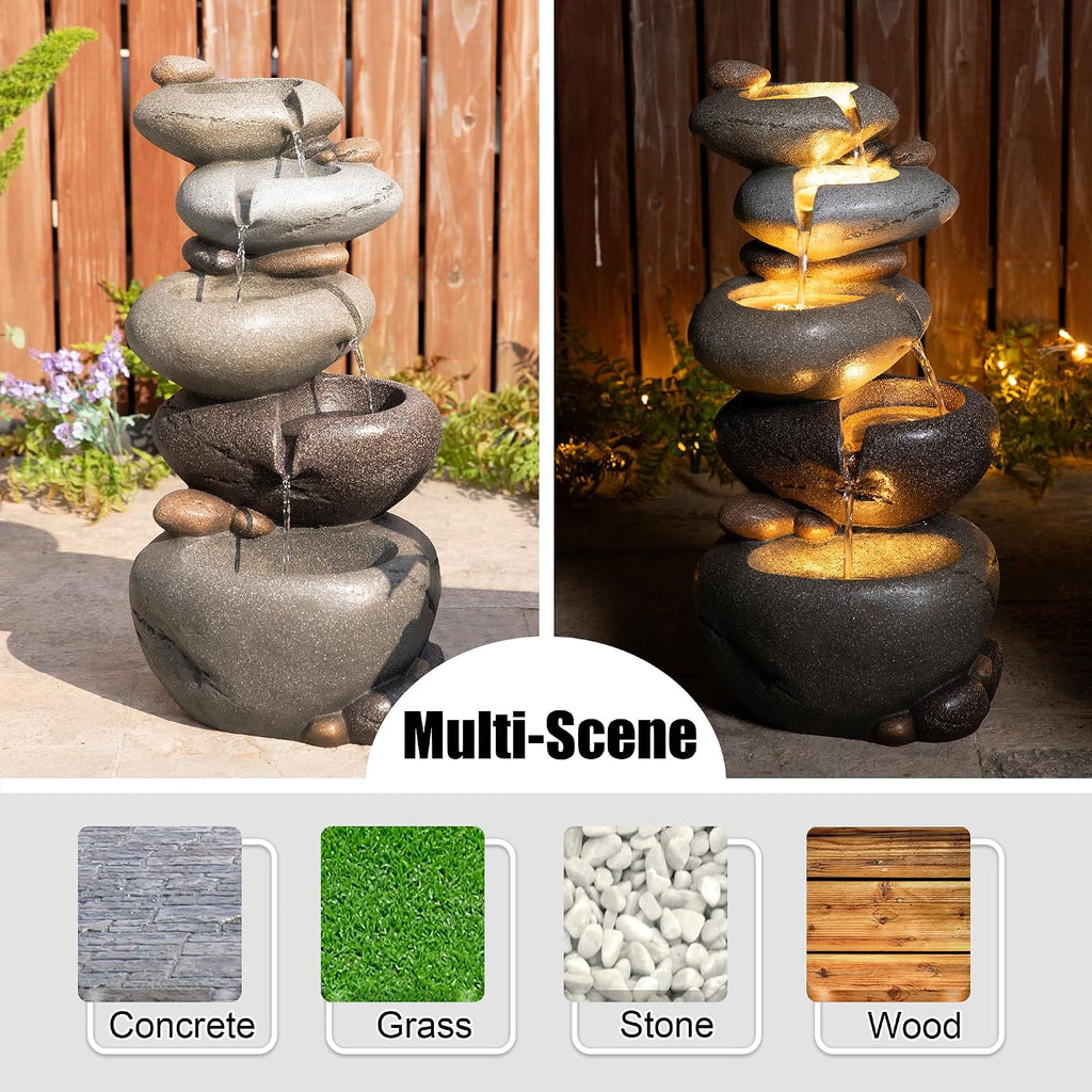 Glitzhome Water Fountain Outdoor, 5-Tiered Stacked Pebbles Outdoor Fountain with LED Lights and Pump, 24.5' H Zen Style Polyresin Waterfall Fountain Water Feature for Garden, Yard, Patio, Porch Decor