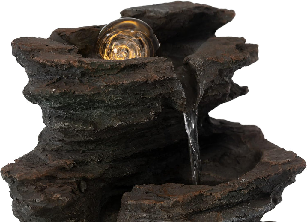Gardenised Decorative 4 Tier Rock Look Water Fountain with LED Rolling Glow Ball for Home and Garden, Gray