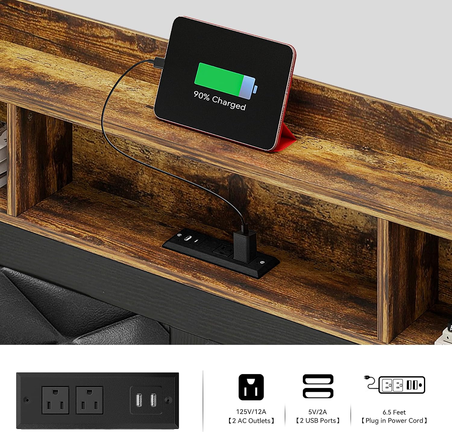 DWVO Bed Frame with Charging Station and Storage Headboard, Upholstered Platform with Large Under Bed Storage and LED Light, No Box Spring Needed, Noise Free, Faux Leather, Black, Queen Size