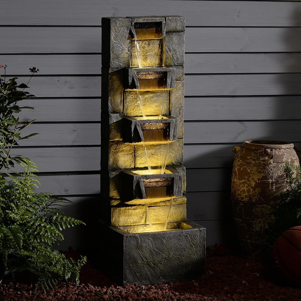 Outdoor Waterfall Fountain with LED Lights, 41' Tall Stone-Look Cascading Water Feature for Home Décor, Realistic Flowing Water Sound for Relaxation, Freestanding Indoor/Outdoor Fountain