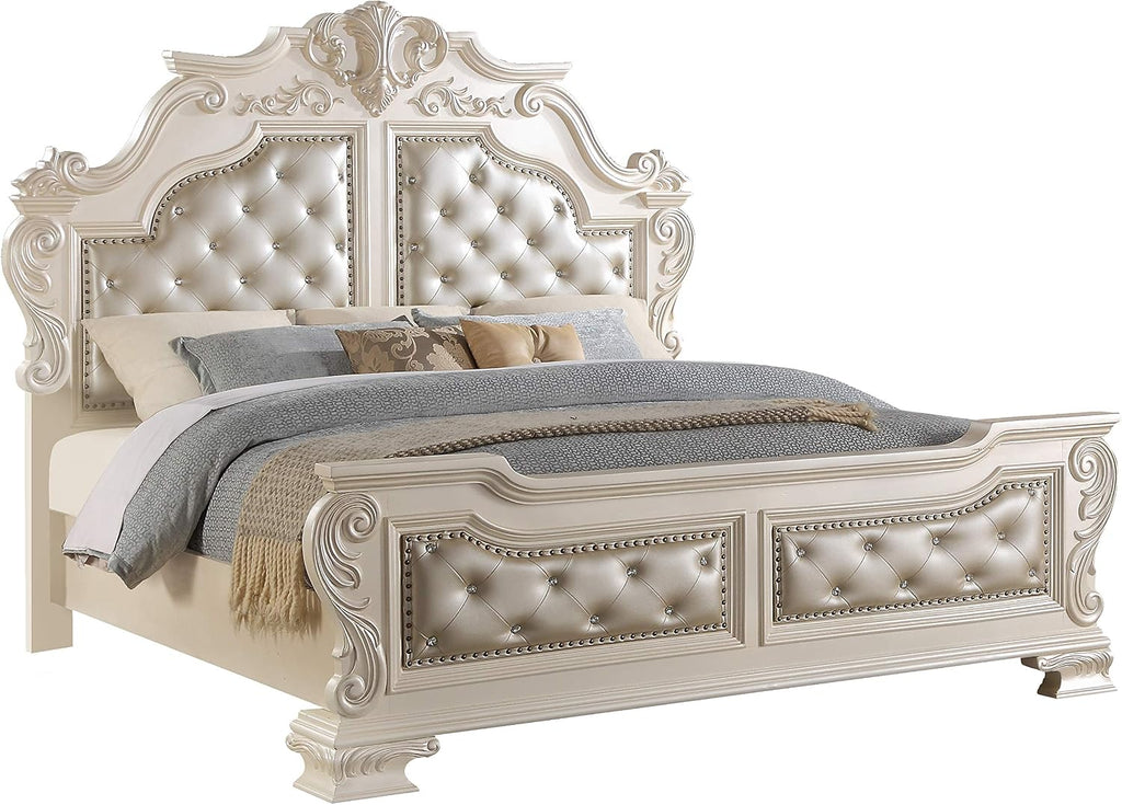 First of a Kind Victoria Off White Traditional 5 Piece Queen Bedroom Set with Upholstered Tufted Headboard Elegant European Inspired Design Coordinated Furniture Collection